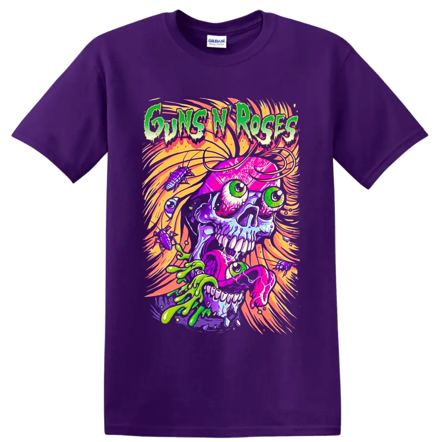 Guns N' Roses neon psychedelic skull with slime, eyeballs, insects, and swirling flames on a Purple T Shirt