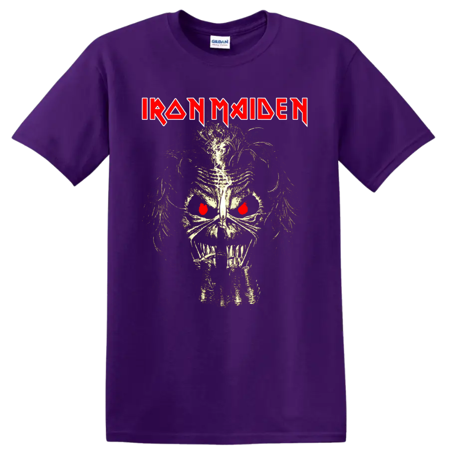 Iron Maiden logo above distressed Eddie skeletal skull with red eyes on a Purple T Shirt