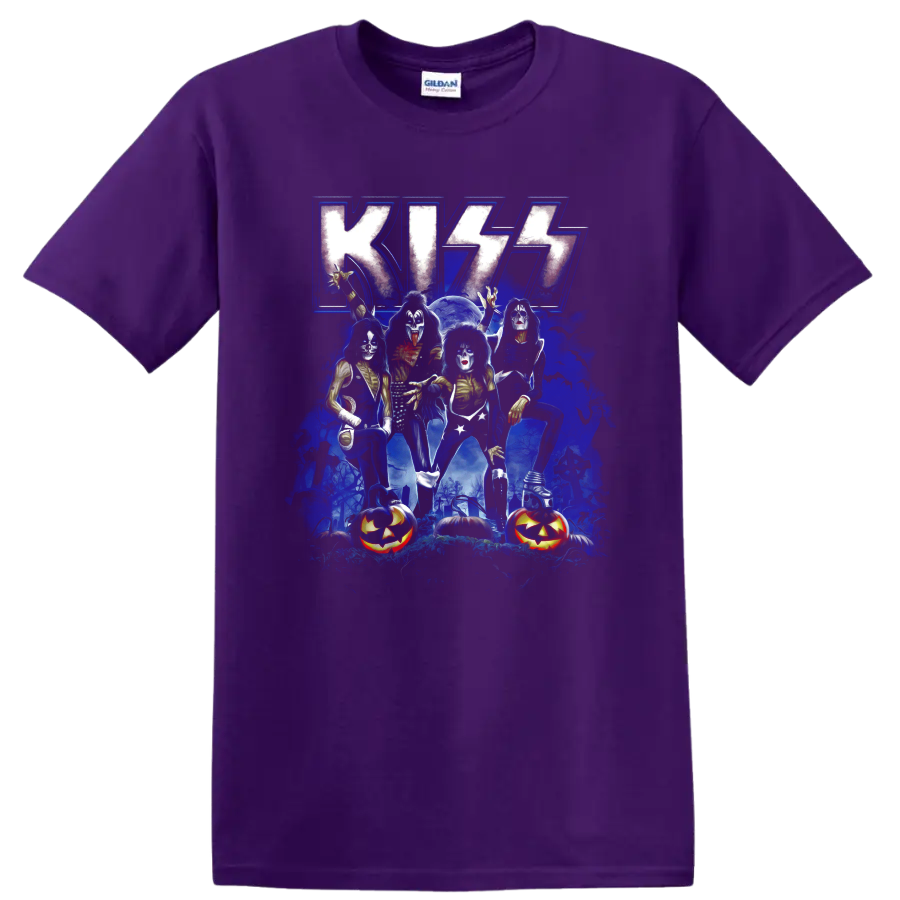 KISS band makeup graphic with graveyard, bats, moon, and jack-o-lanterns on a Purple T Shirt