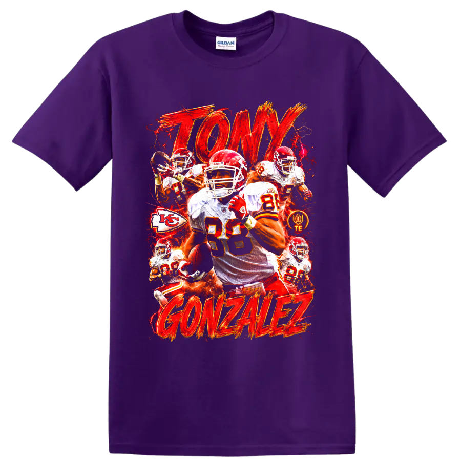 Tony Gonzalez Kansas City Chiefs tight end action collage with fiery red gold lettering on a Purple T Shirt