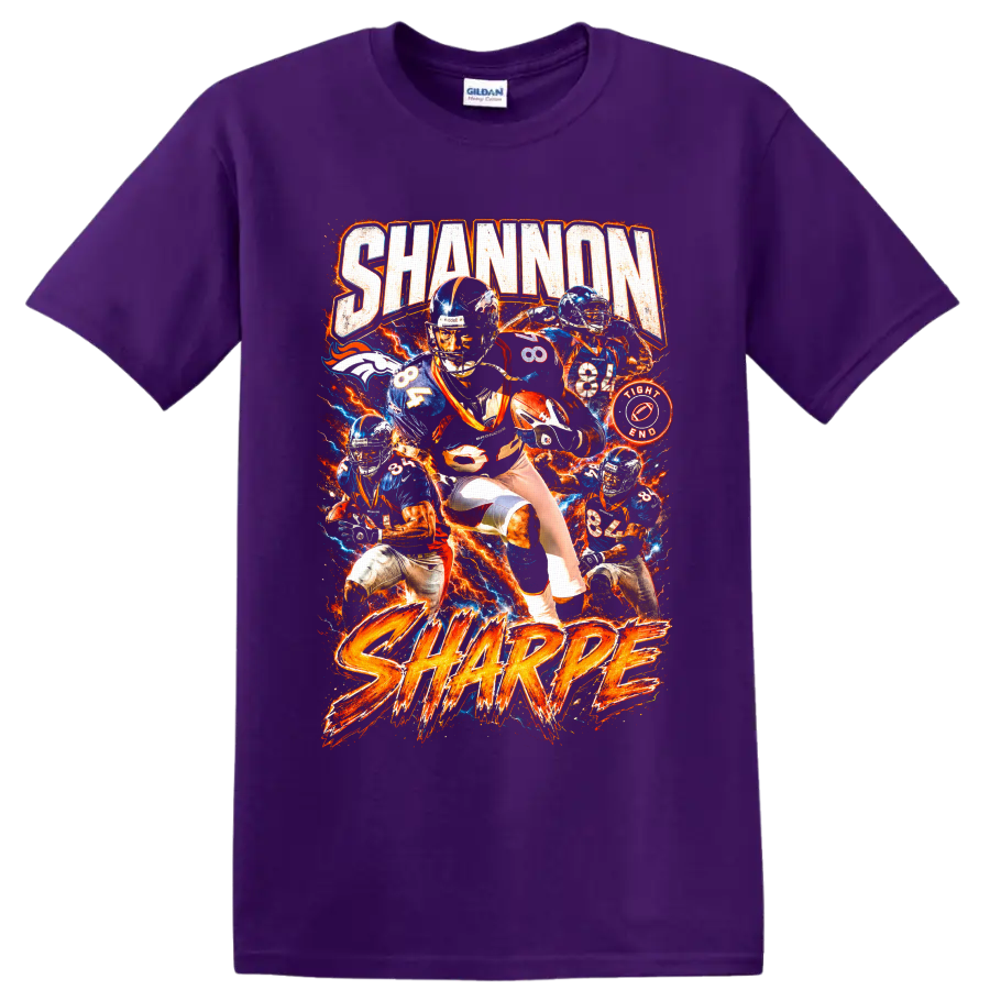 Shannon Sharpe Denver Broncos number 84 fiery vintage football collage graphic on a Purple T Shirt