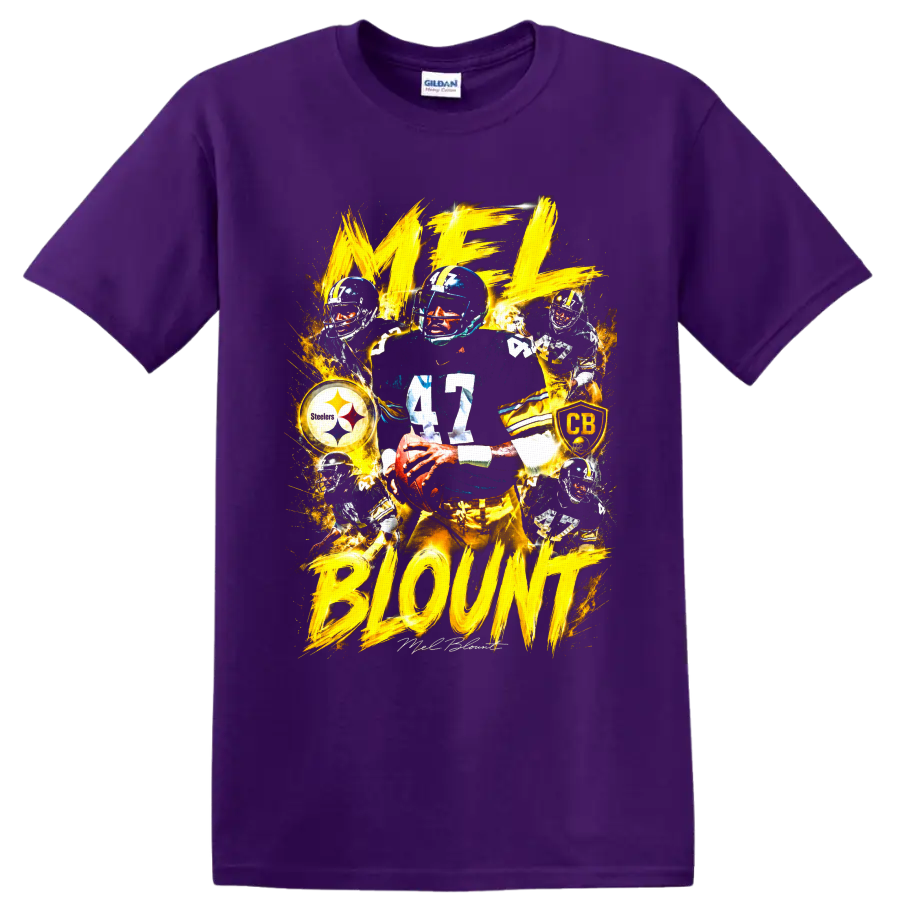 Mel Blount No. 47 Steelers action collage with gold brushstroke lettering on a Purple T Shirt