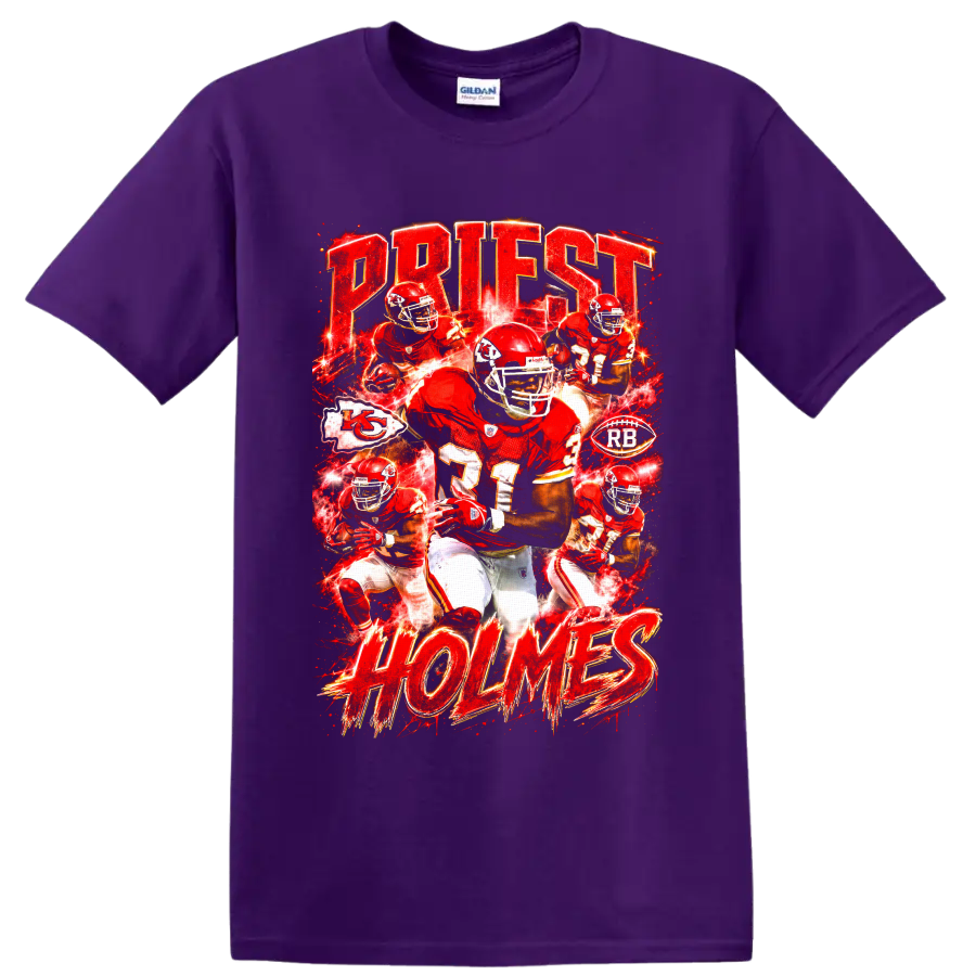 Priest Holmes Kansas City Chiefs running back action collage with PRIEST HOLMES lettering on a Purple T Shirt