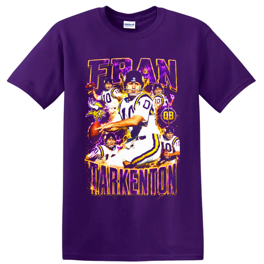 Fran Tarkenton Vikings quarterback collage with purple lightning and FRAN TARKENTON text on a Purple T Shirt