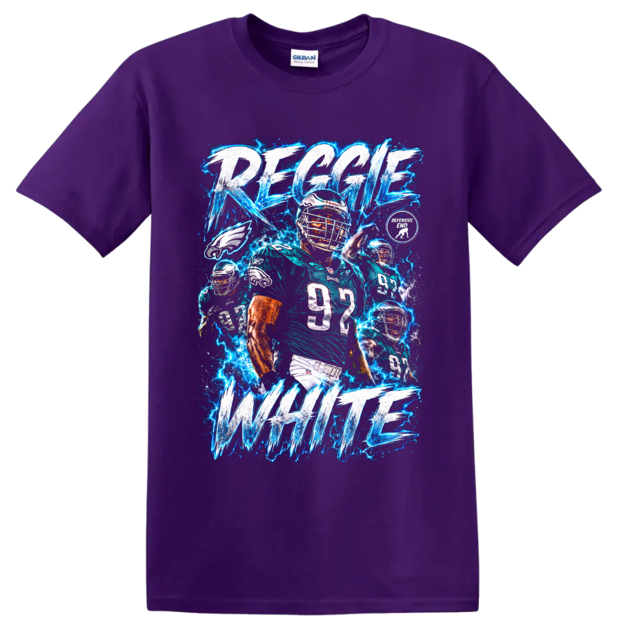 Reggie White Eagles number 92 football collage with electric lightning and bold lettering on a Purple T Shirt
