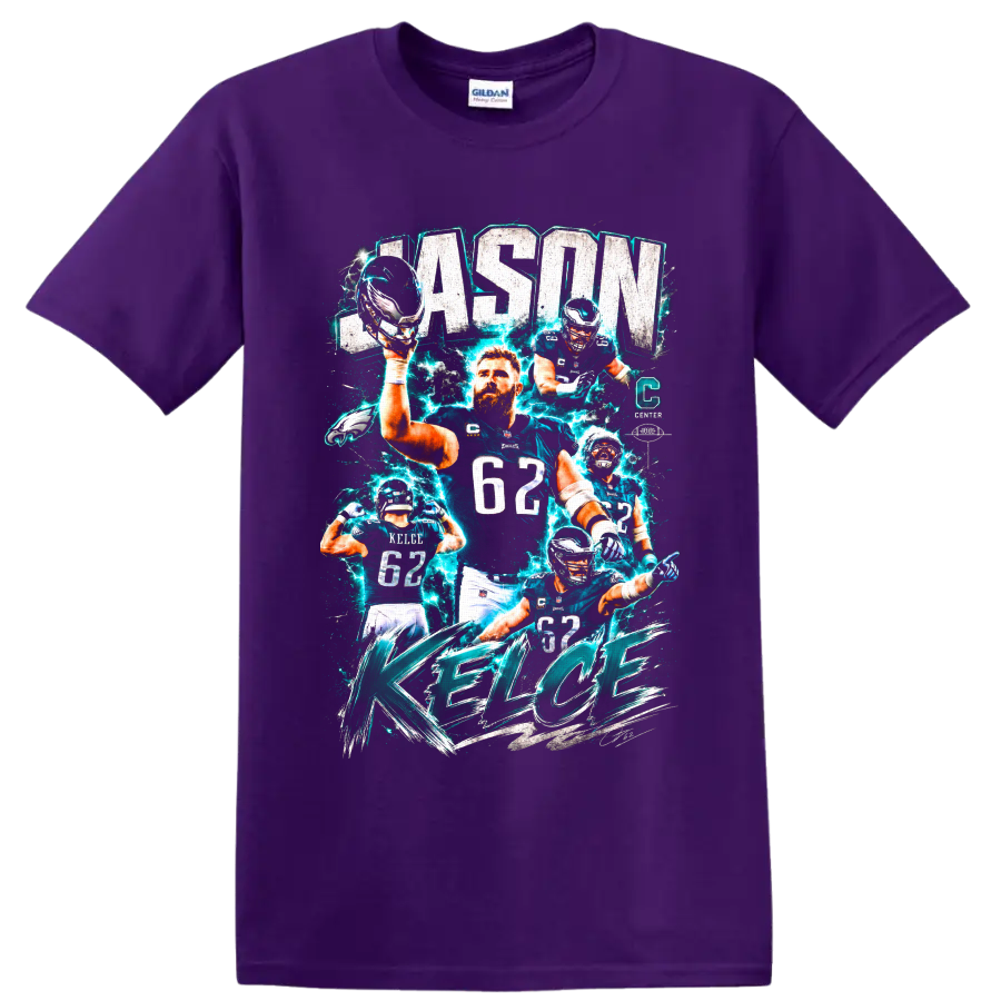 Jason Kelce Eagles center collage with electric teal effects and KELCE lettering on a Purple T Shirt