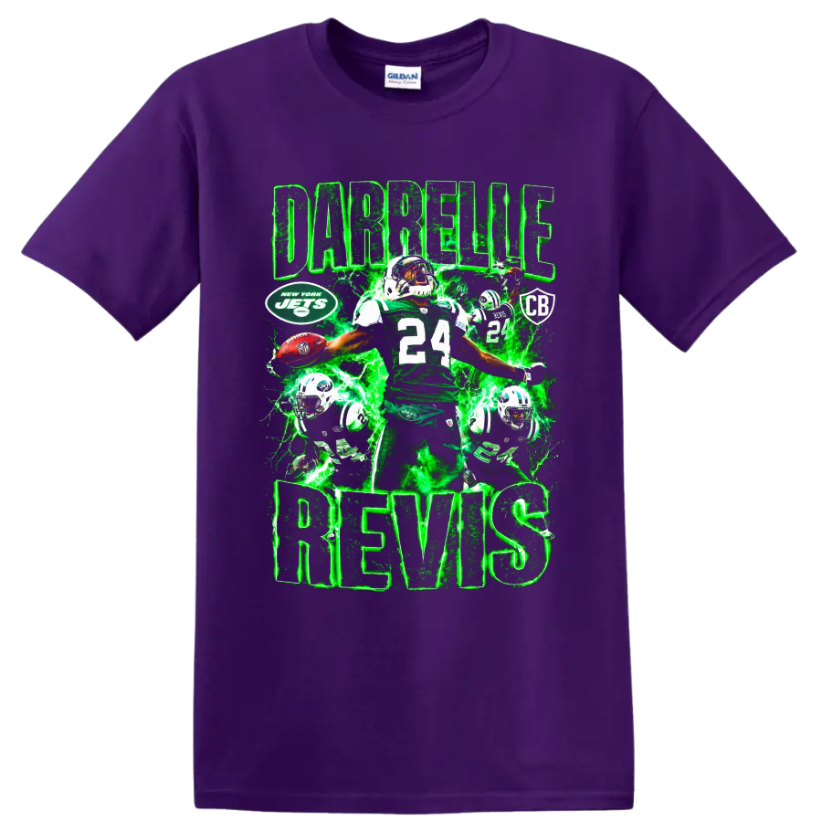 Darrelle Revis New York Jets number 24 football collage with green lightning on a Purple T Shirt