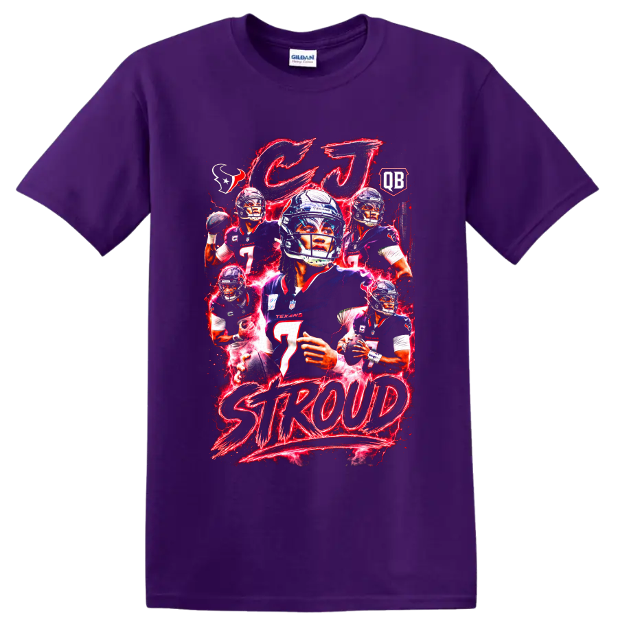 C.J. Stroud Houston Texans football collage with red neon effects and STR0UD text on a Purple T Shirt