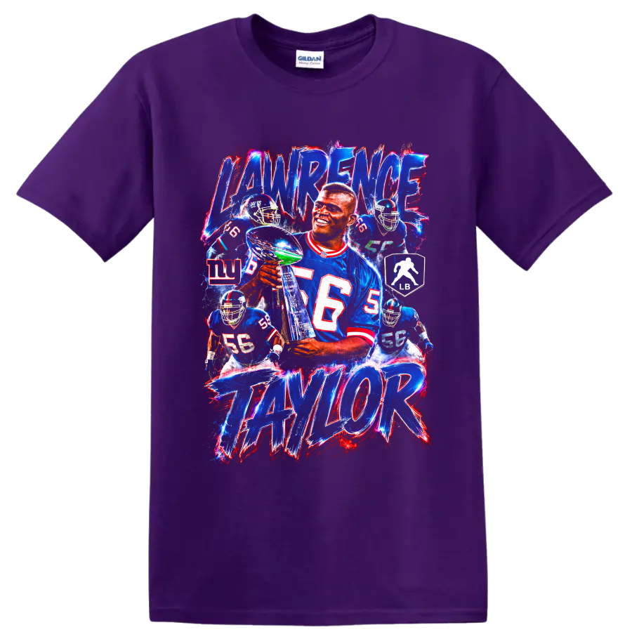 Lawrence Taylor New York Giants retro collage with trophy, action poses, and bold on a Purple T Shirt