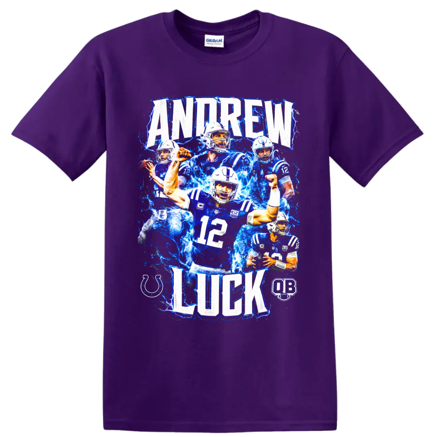 Andrew Luck Colts quarterback collage with number 12 and electric-blue lightning on a Purple T Shirt