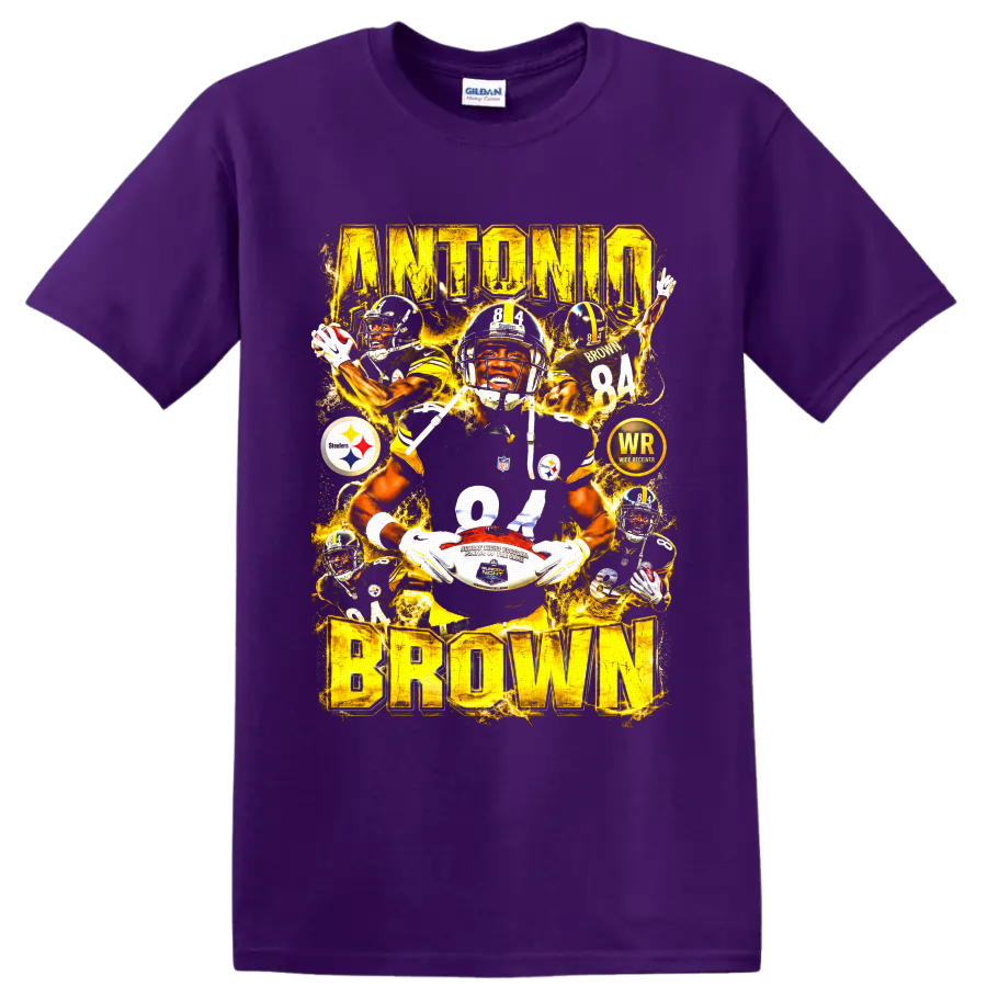 Antonio Brown Pittsburgh Steelers number 84 wide receiver action collage lettering on a Purple T Shirt