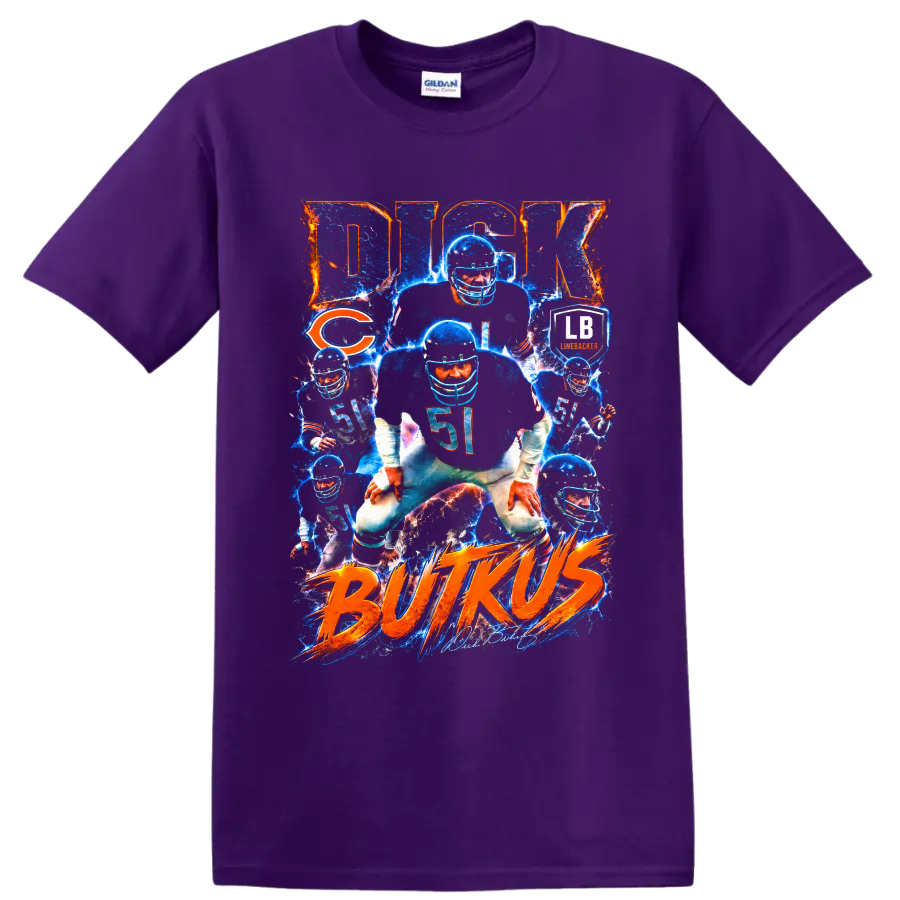 Dick Butkus Chicago Bears No. 51 electric football collage with BUTKUS lettering on a Purple T Shirt