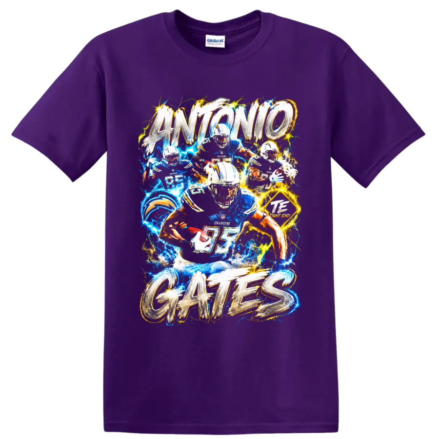 Antonio Gates Los Angeles Chargers tight end collage with electric lightning and bold on a Purple T Shirt
