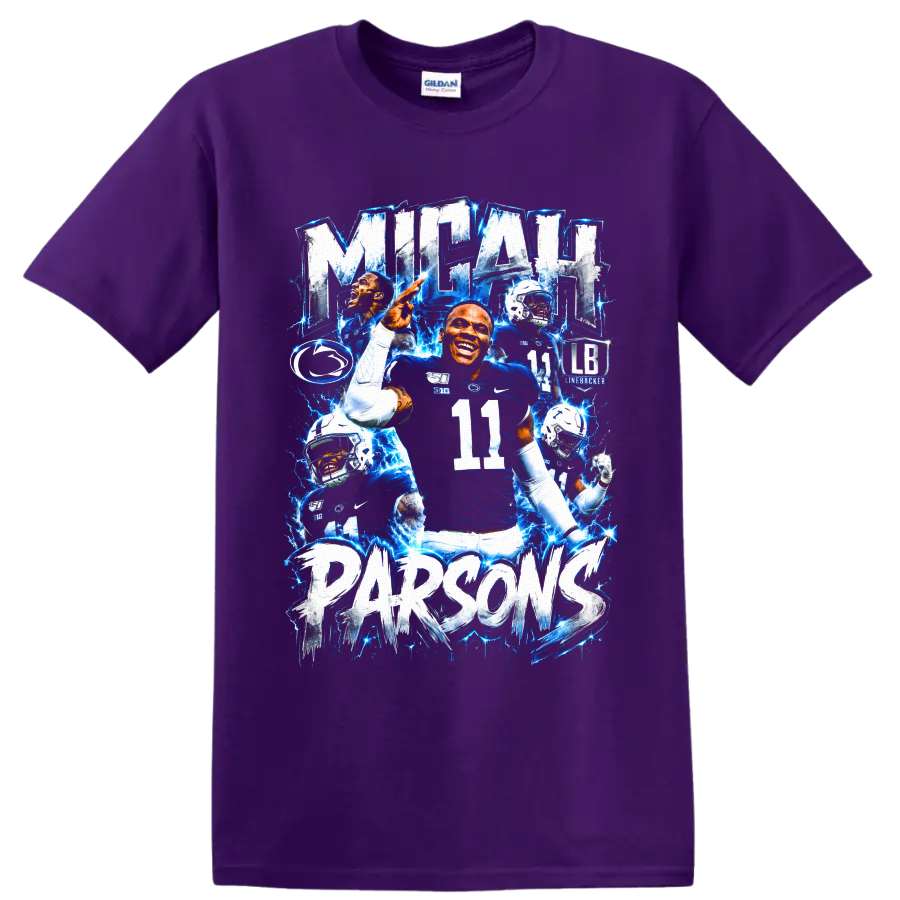 Micah Parsons Penn State linebacker collage with number 11 and electric blue lightning on a Purple T Shirt