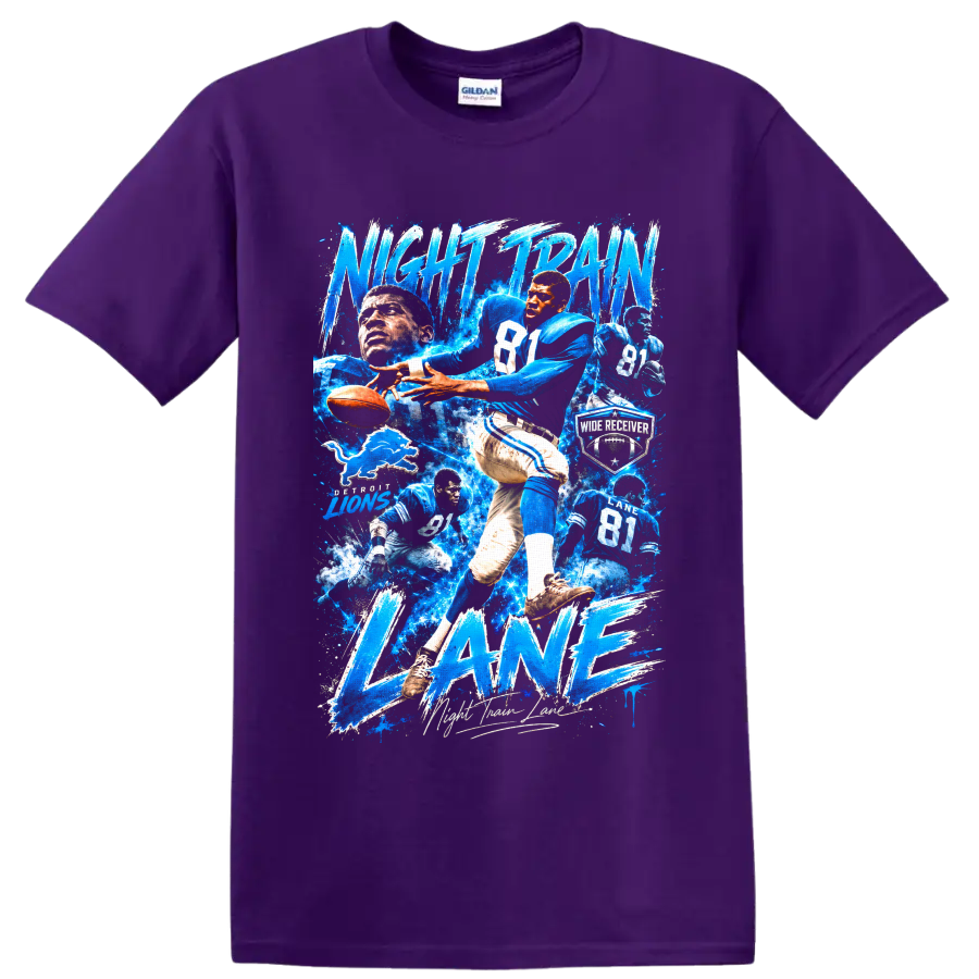 Dick Night Train Lane Detroit Lions football action collage with electric blue lettering on a Purple T Shirt