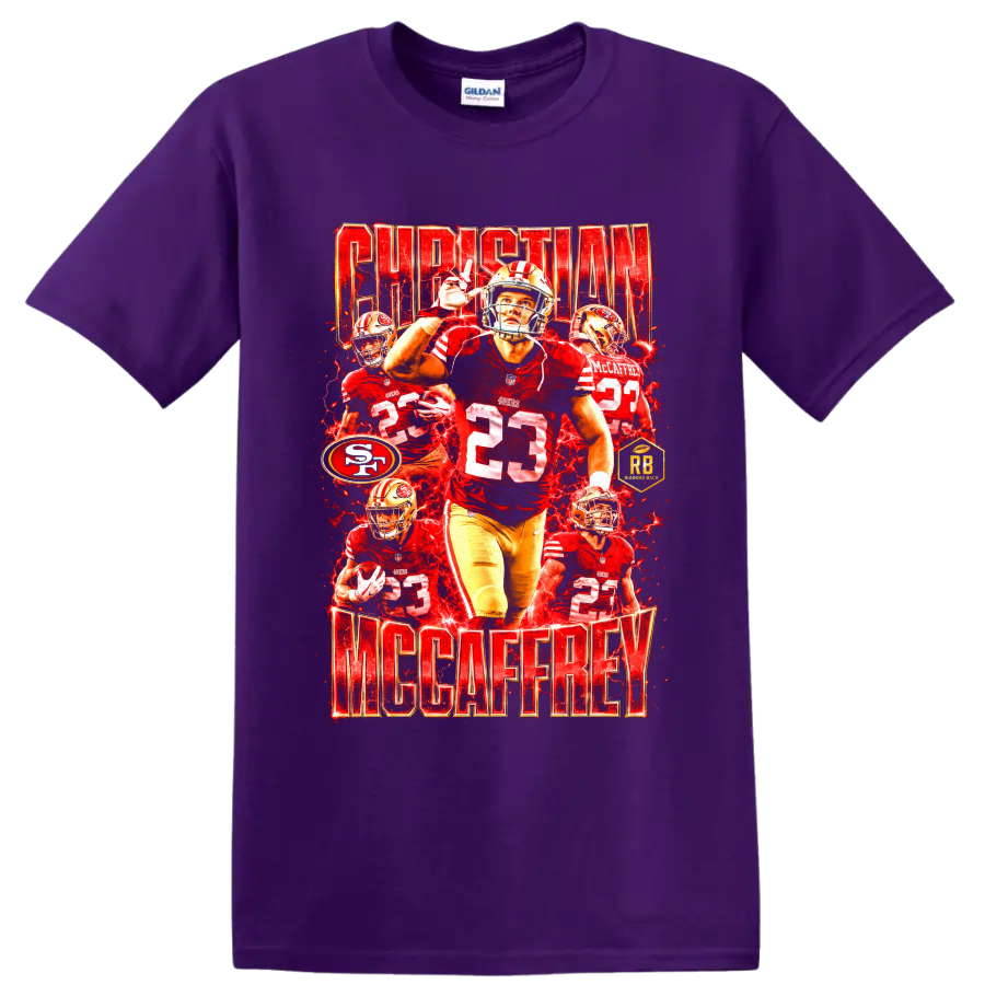 Christian McCaffrey 49ers number 23 football collage with red lightning and player on a Purple T Shirt