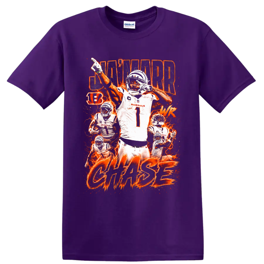 Ja'Marr Chase Bengals number 1 action collage with fiery orange lightning and CHASE text on a Purple T Shirt