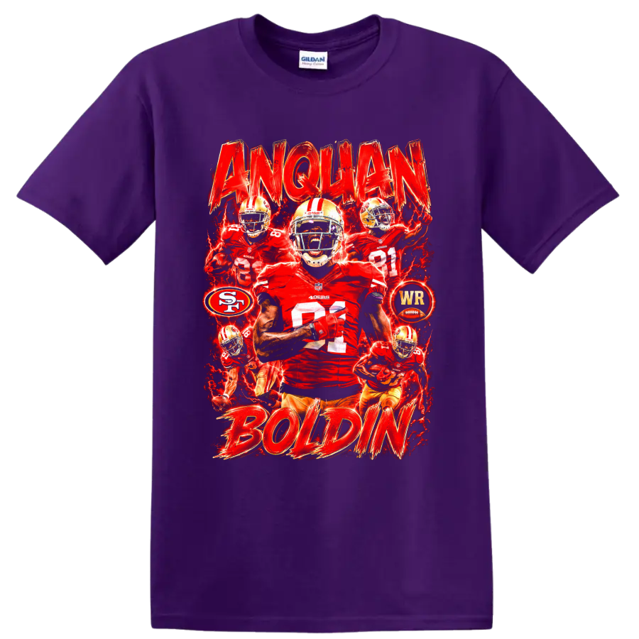 Anquan Boldin 49ers wide receiver action collage with distressed ANQUAN BOLDIN text on a Purple T Shirt