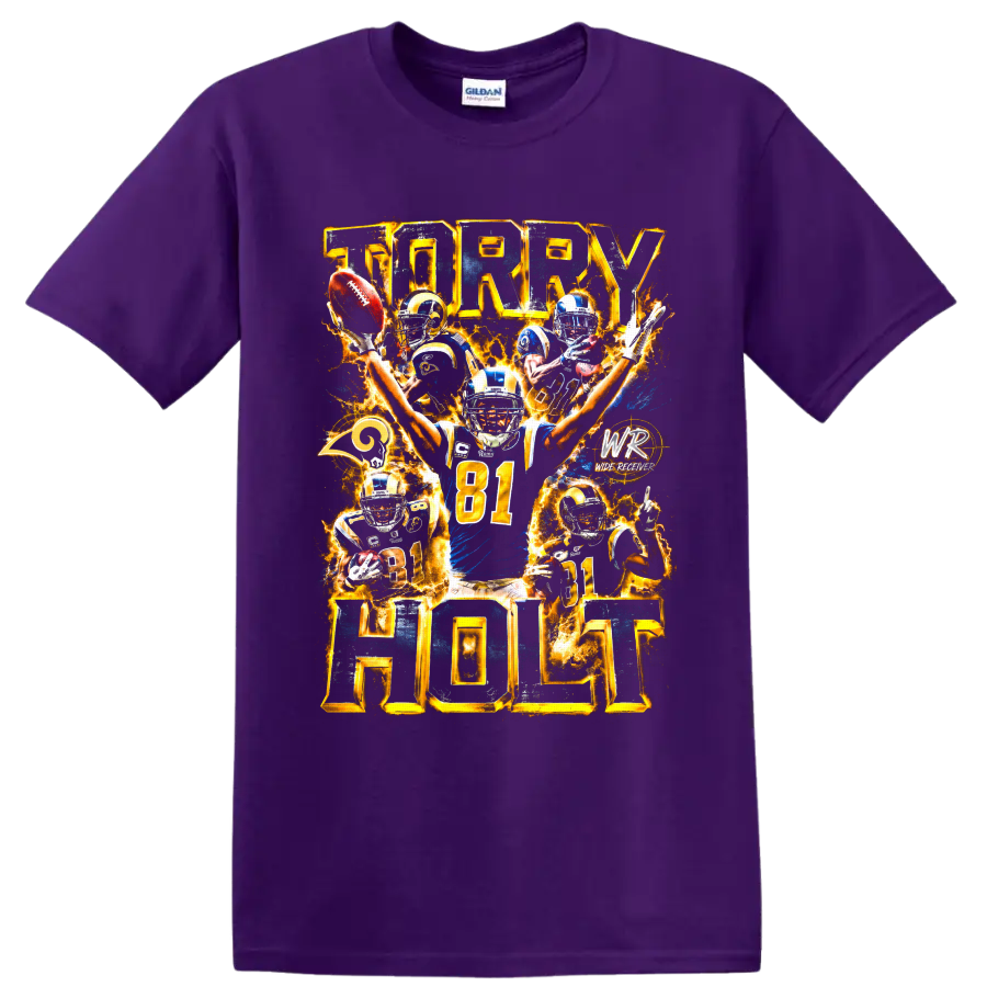 Torry Holt St. Louis Rams number 81 fiery football action collage on a Purple T Shirt
