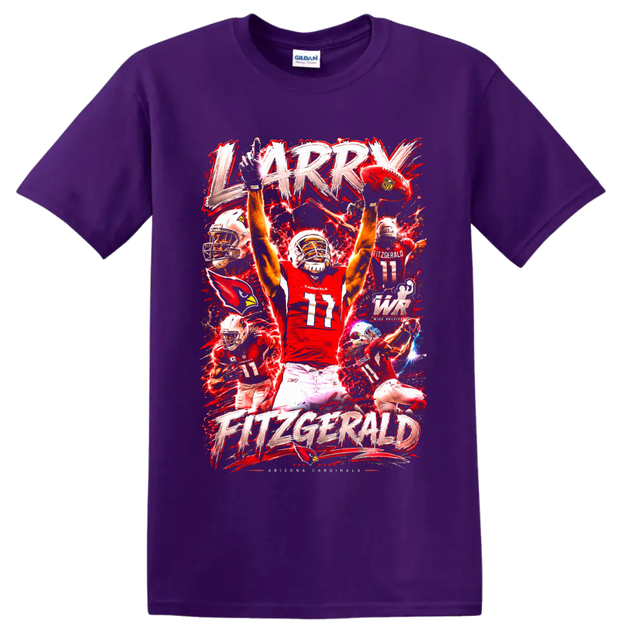 Larry Fitzgerald Arizona Cardinals number 11 action collage with red lightning lettering on a Purple T Shirt