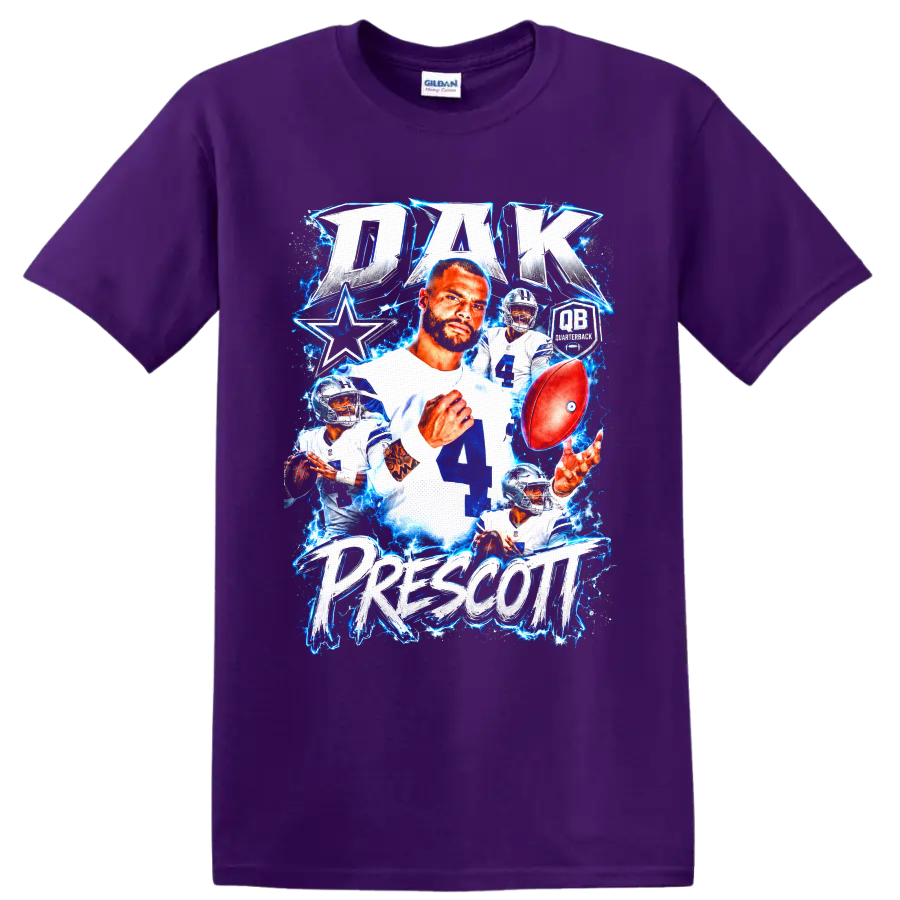 Dak Prescott Dallas Cowboys quarterback collage with football and electric blue effects on a Purple T Shirt