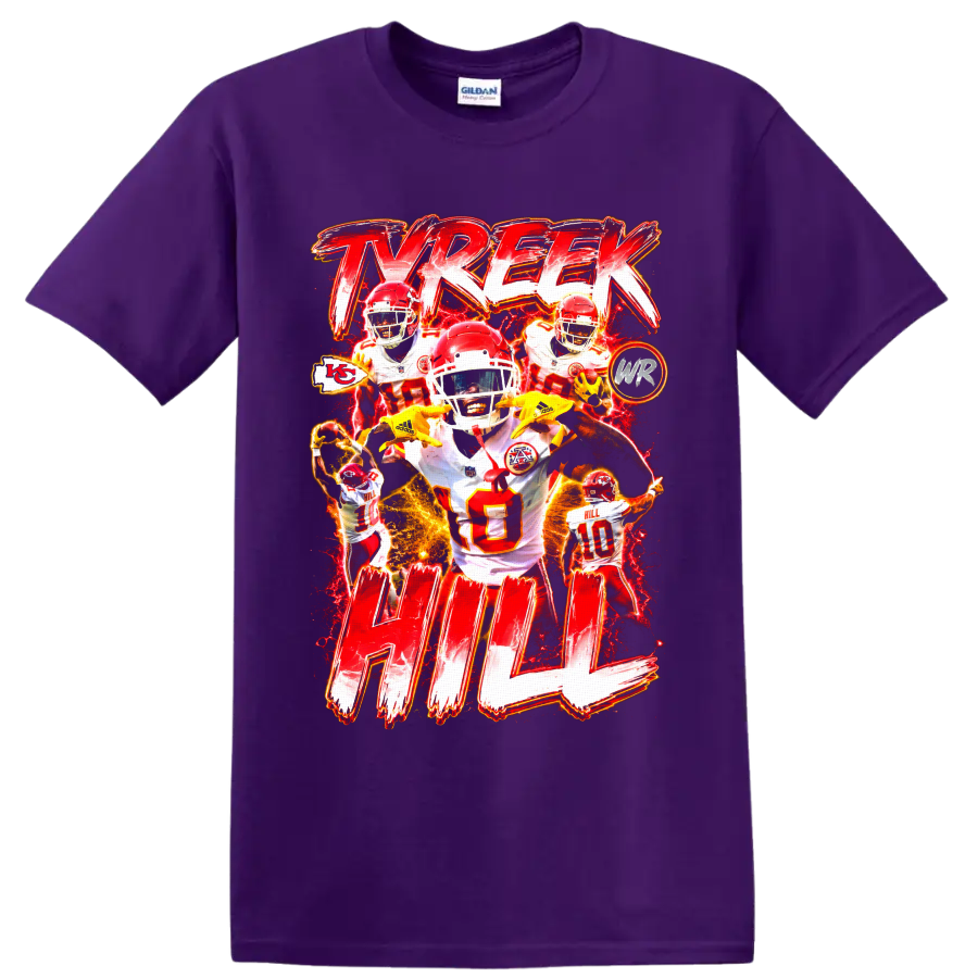 Tyreek Hill Kansas City Chiefs football collage with electric lettering and action poses on a Purple T Shirt