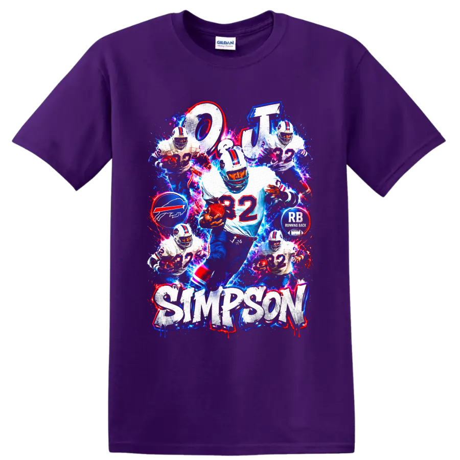 O.J. Simpson Buffalo Bills number 32 running back electric collage graphic on a Purple T Shirt