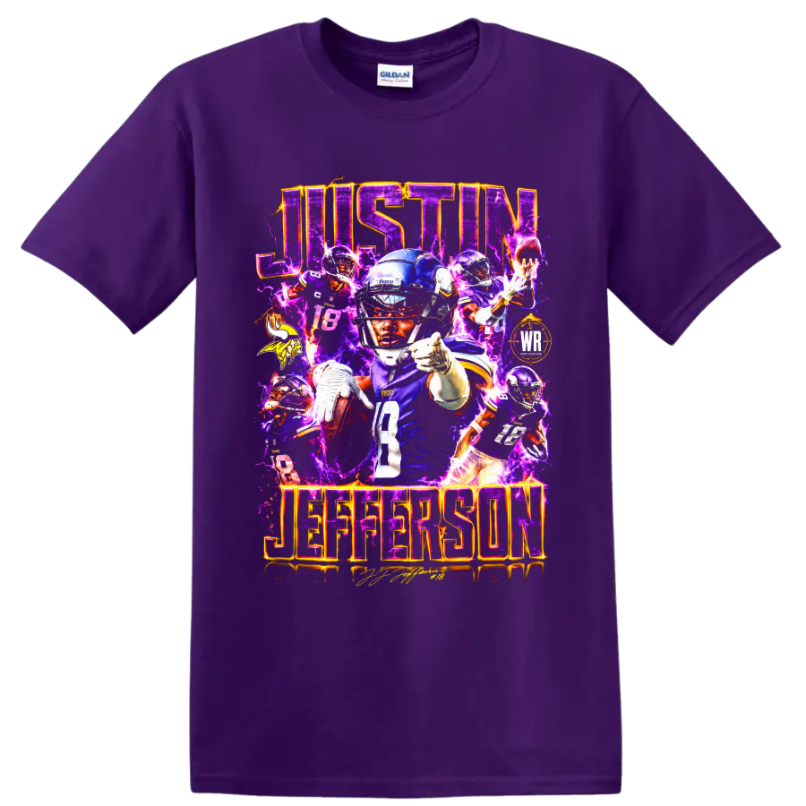 Justin Jefferson Minnesota Vikings number 18 football collage with electric purple on a Purple T Shirt
