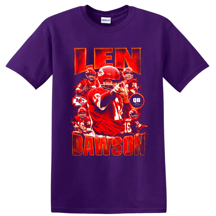 Len Dawson Kansas City Chiefs quarterback vintage red collage with LEN DAWSON text on a Purple T Shirt