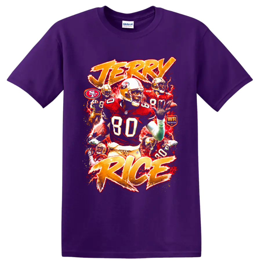 Jerry Rice 49ers wide receiver collage with number 80, red lightning, and gold lettering on a Purple T Shirt