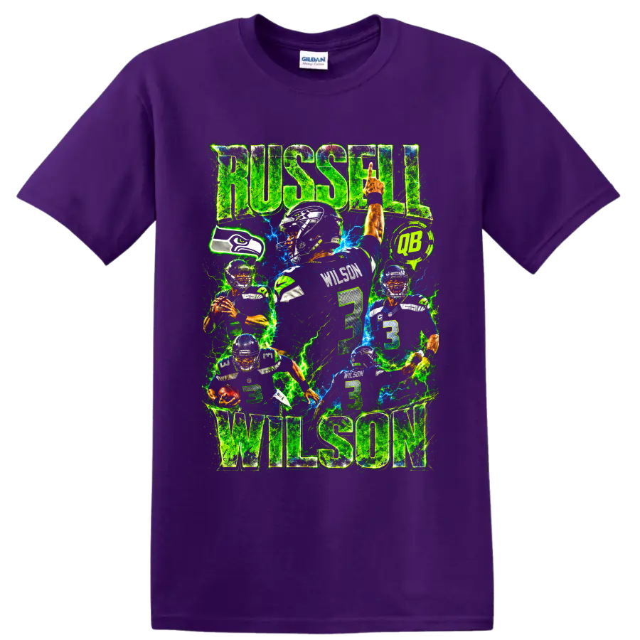 Russell Wilson Seahawks number 3 neon football collage with RUSSELL WILSON text on a Purple T Shirt