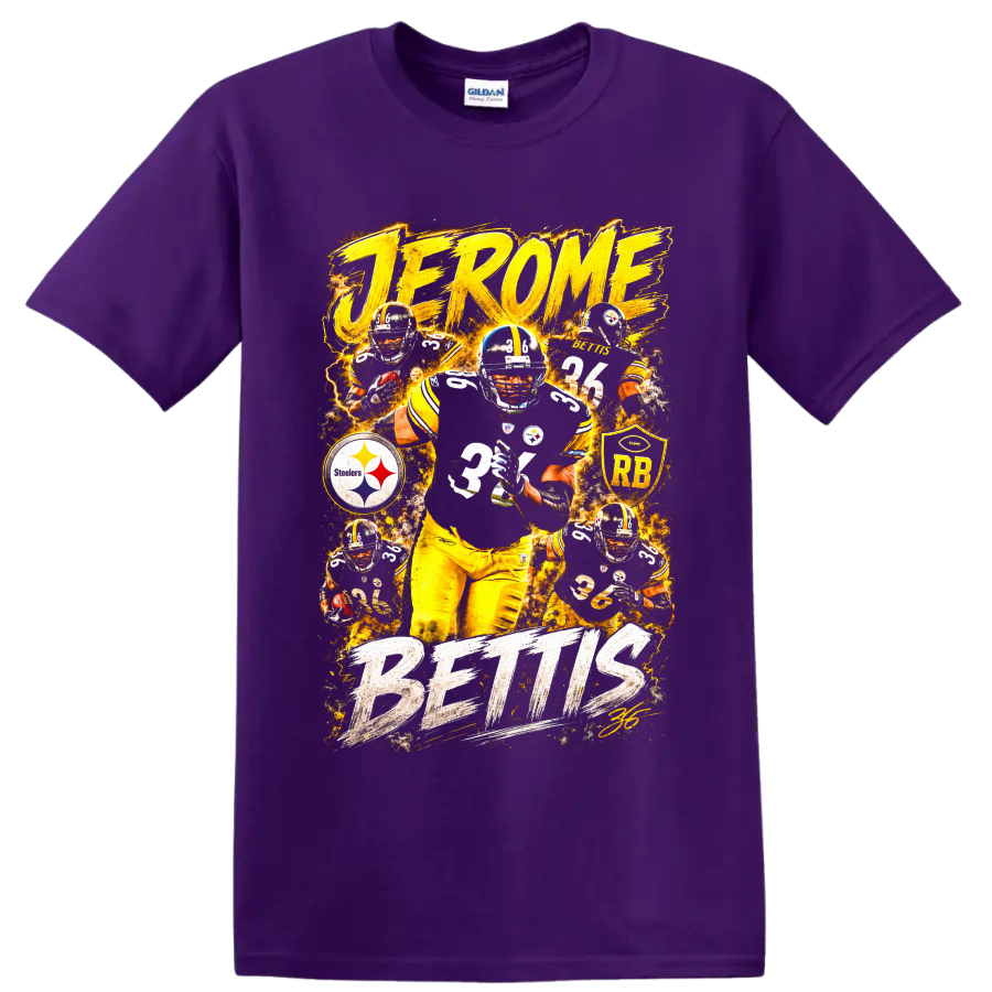 Jerome Bettis Pittsburgh Steelers number 36 fiery football action collage on a Purple T Shirt