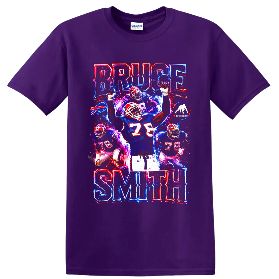 Bruce Smith Buffalo Bills number 78 neon football action collage on a Purple T Shirt
