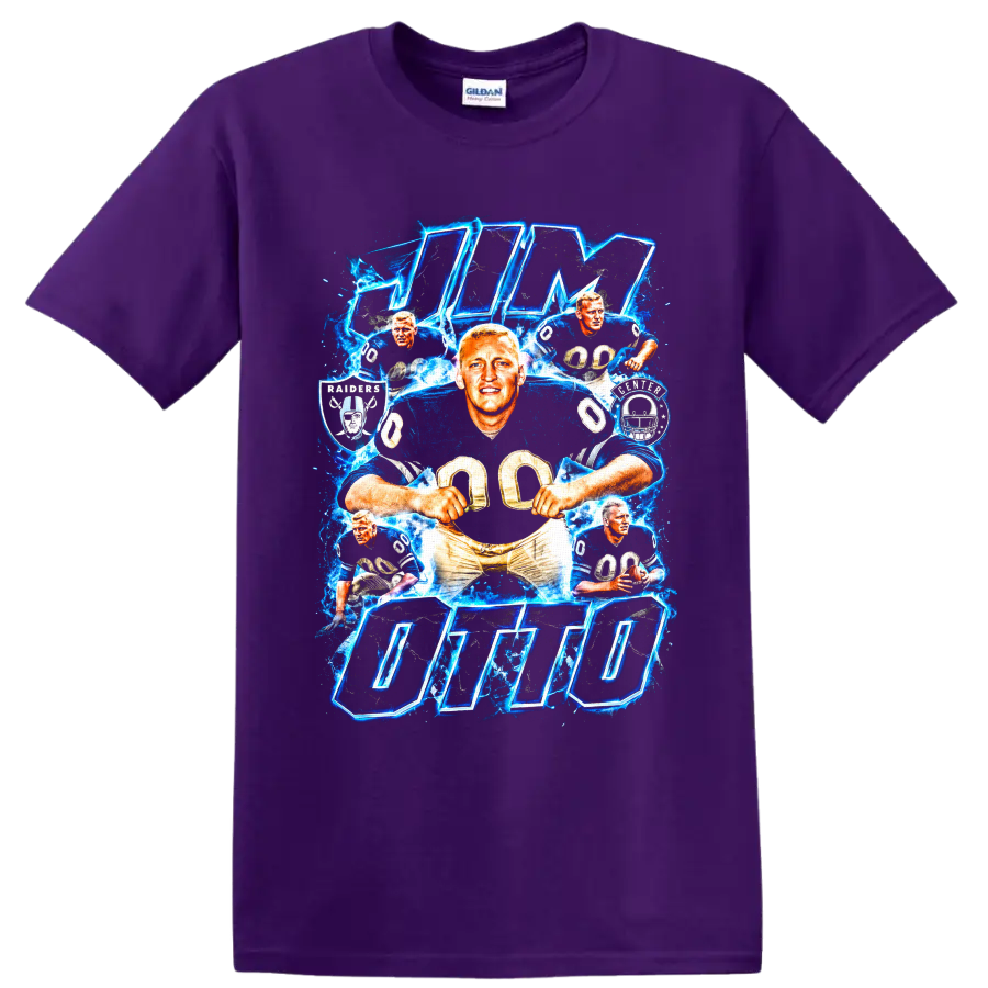 Jim Otto Oakland Raiders number 00 action collage with lightning and bold OTTO lettering on a Purple T Shirt