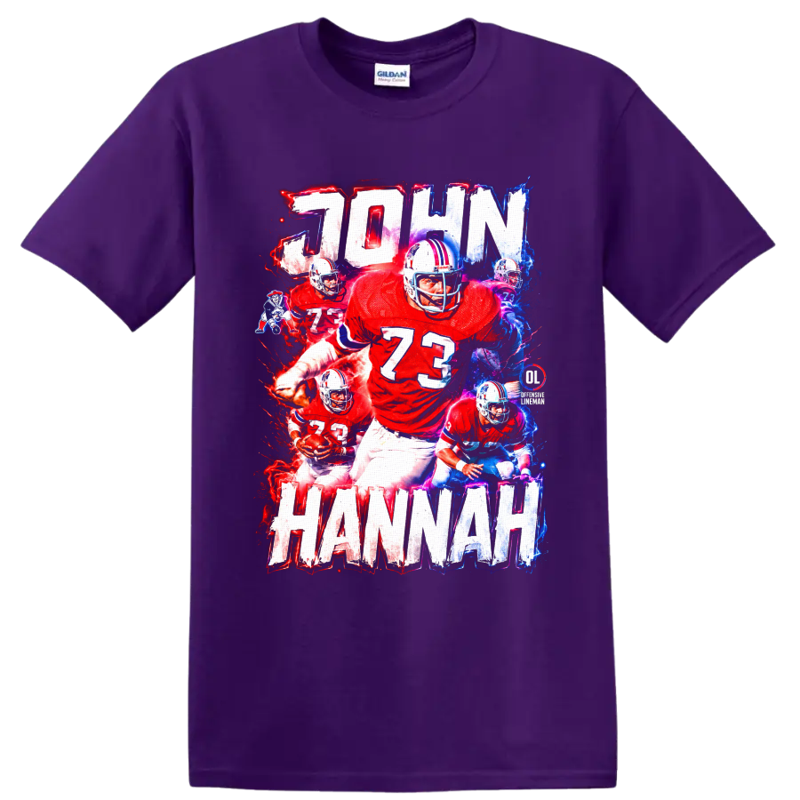 John Hannah number 73 football collage with electric red and blue Patriots artwork on a Purple T Shirt