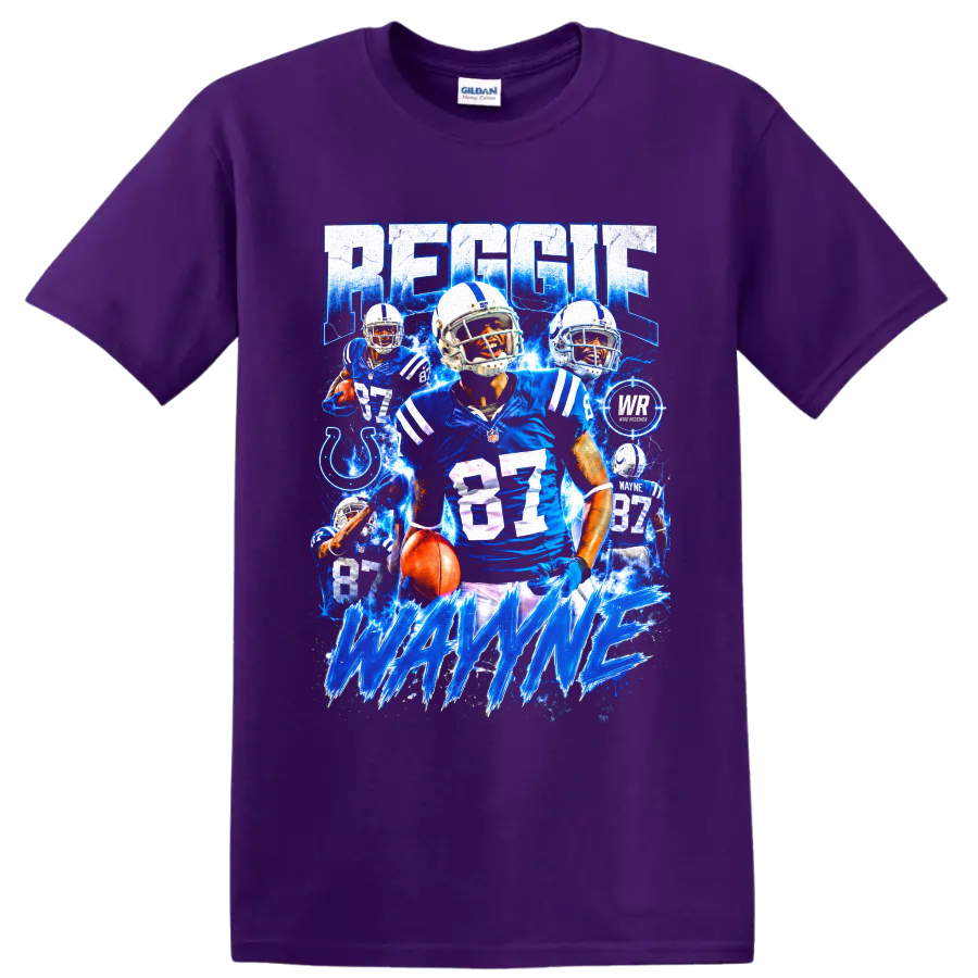 Reggie Wayne Colts number 87 football collage with electric blue action art on a Purple T Shirt