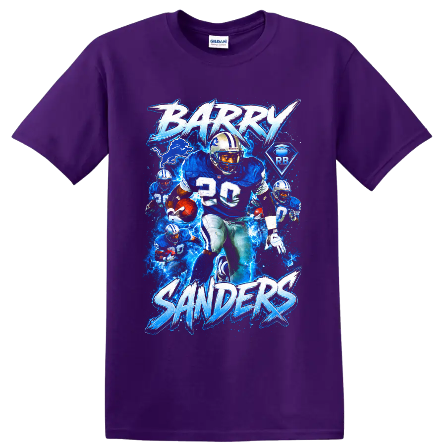 Barry Sanders Detroit Lions number 20 electric blue football action collage on a Purple T Shirt
