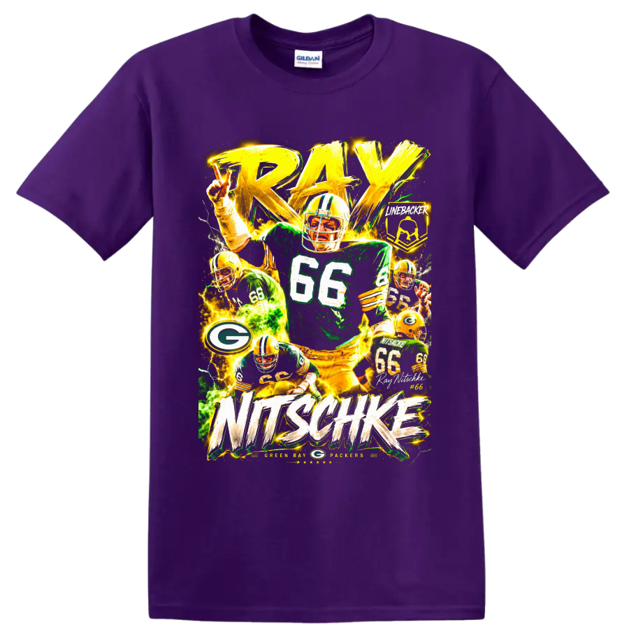 Ray Nitschke Packers number 66 linebacker collage with bold RAY NITSCHKE lettering on a Purple T Shirt