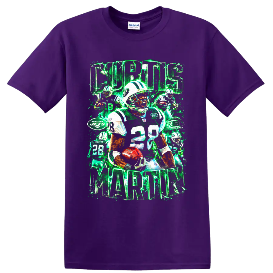 Curtis Martin New York Jets number 28 football collage with neon green lightning on a Purple T Shirt