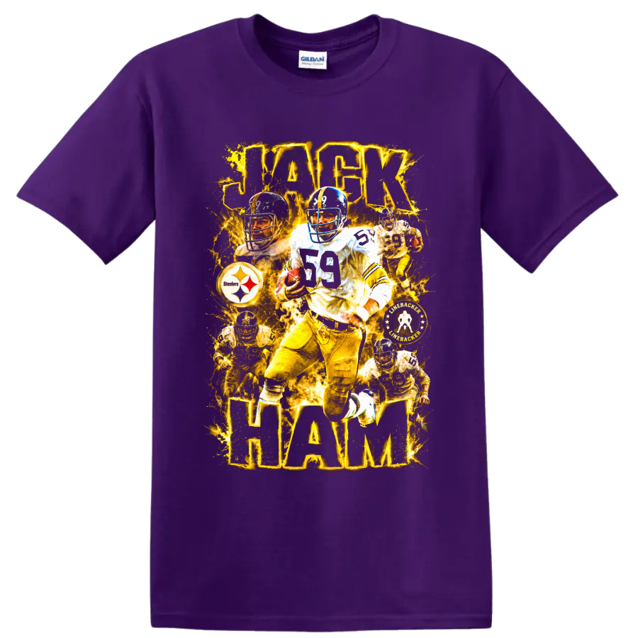 Jack Ham Pittsburgh Steelers number 59 linebacker collage with glowing gold text on a Purple T Shirt