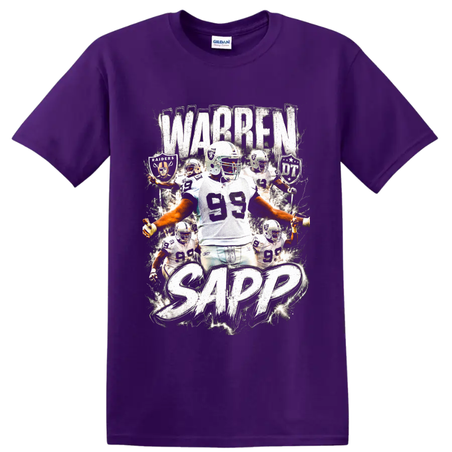 Warren Sapp Raiders number 99 football collage with distressed WARREN SAPP text on a Purple T Shirt