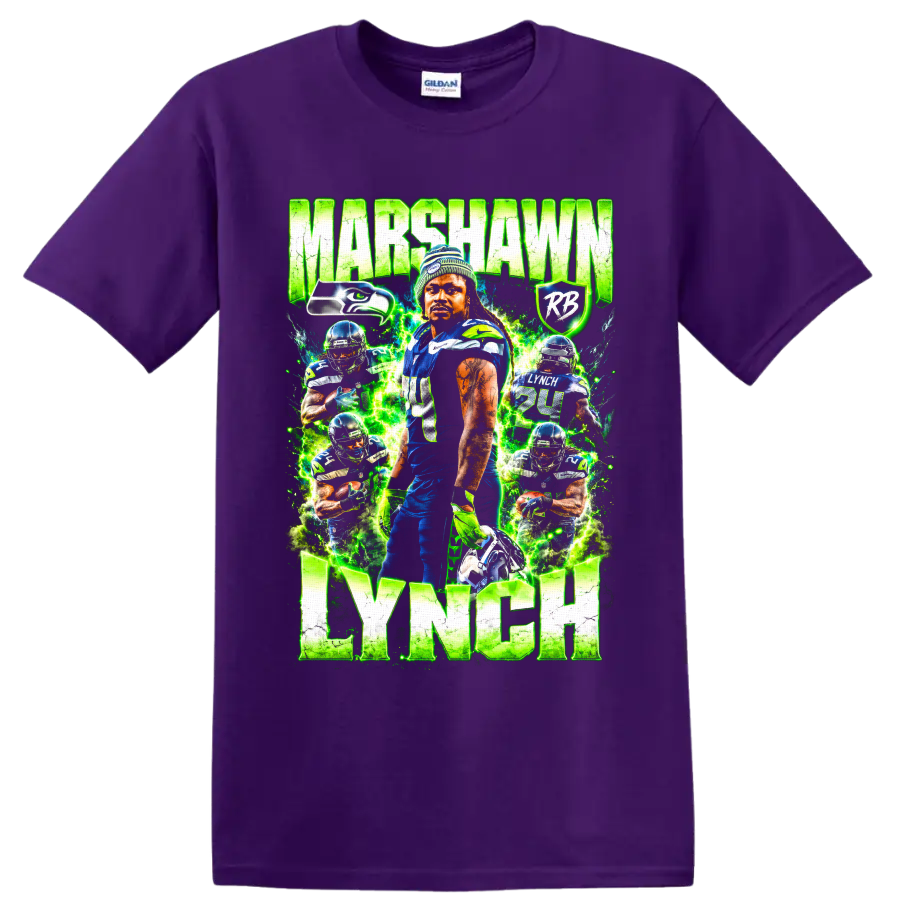 Marshawn Lynch Seattle Seahawks action collage with electric green lightning and name text on a Purple T Shirt