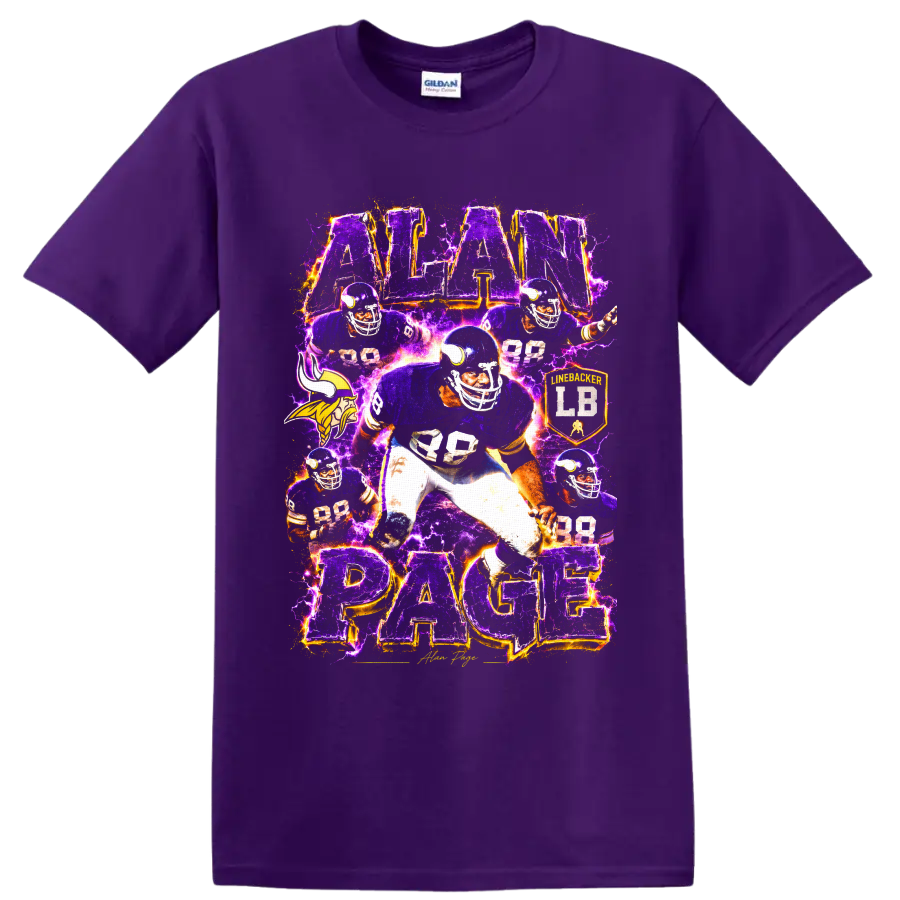 Alan Page 88 Minnesota Vikings-inspired football collage with purple lightning on a Purple T Shirt