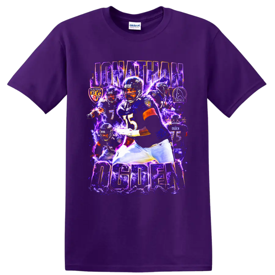 Jonathan Ogden Baltimore Ravens football collage with purple lightning and number 75 on a Purple T Shirt