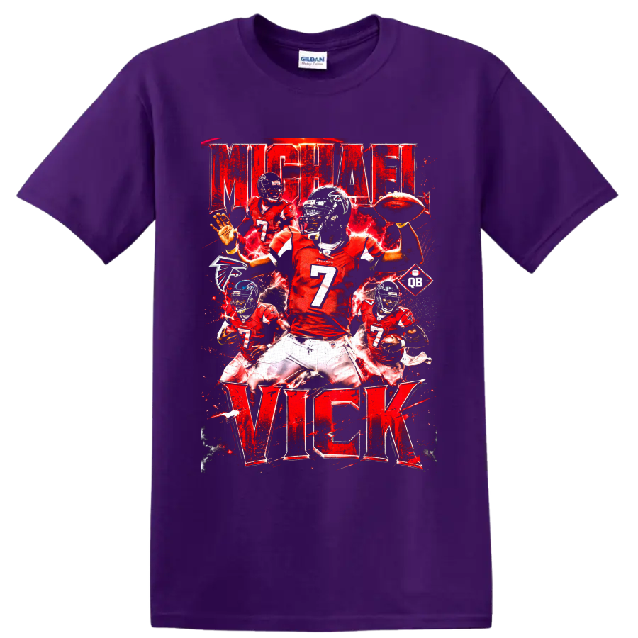 Michael Vick Atlanta Falcons red number 7 football action collage with electric effects on a Purple T Shirt