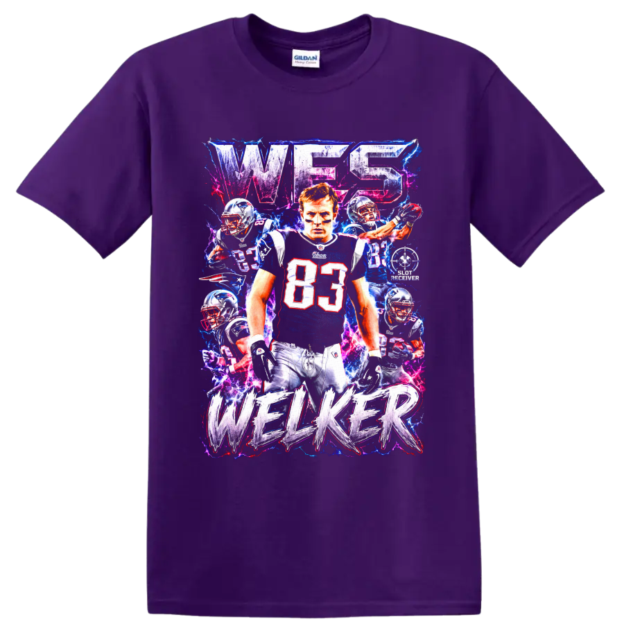 Wes Welker Patriots #83 football collage with neon lightning and distressed lettering on a Purple T Shirt