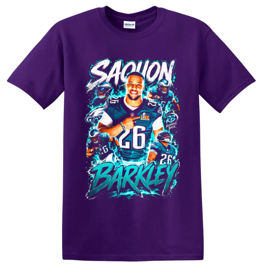 Saquon Barkley Eagles number 26 action collage with electric teal brush lettering on a Purple T Shirt