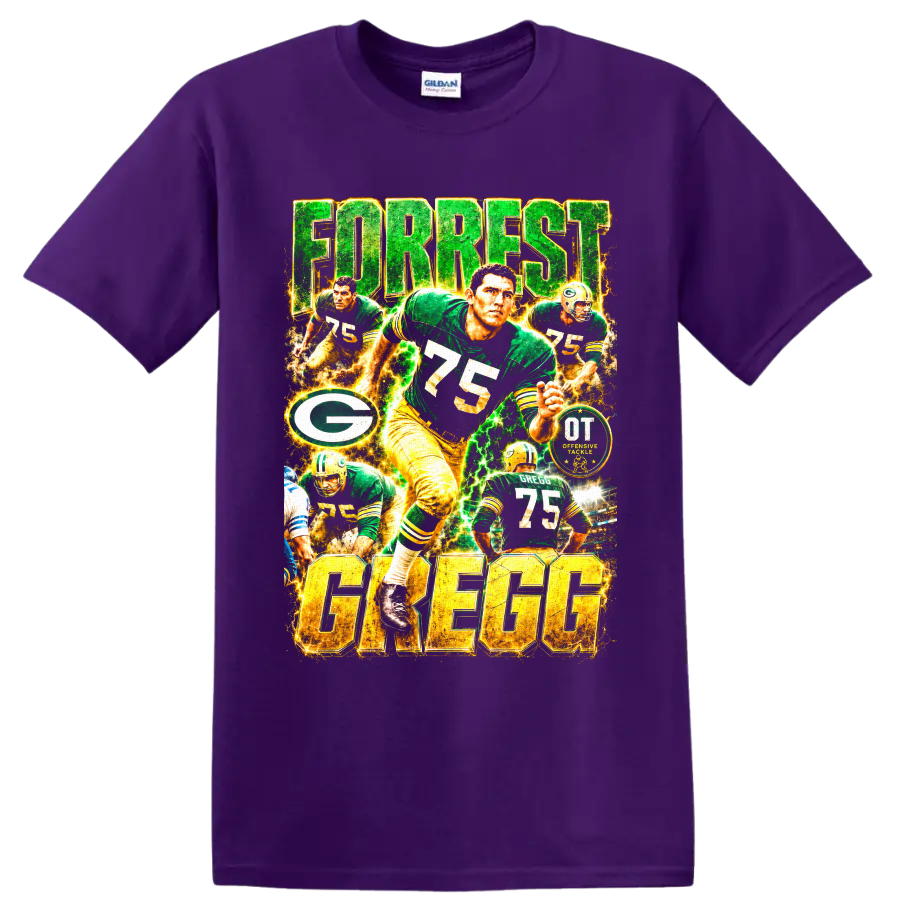 Forrest Gregg number 75 Packers offensive tackle football collage with electric lettering on a Purple T Shirt