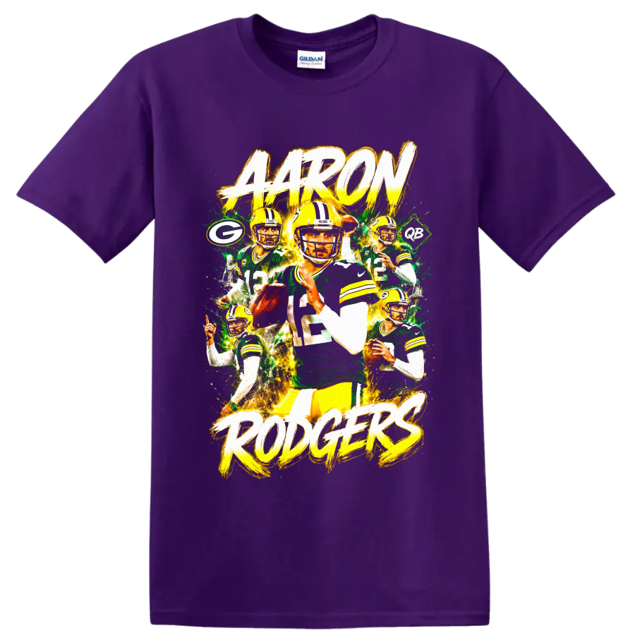Aaron Rodgers Packers quarterback action collage with AARON RODGERS brush lettering on a Purple T Shirt