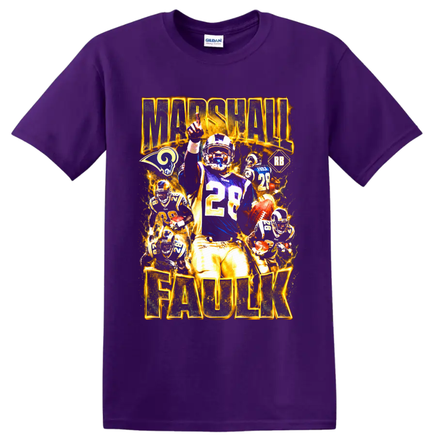 Marshall Faulk St. Louis Rams number 28 football collage with fiery gold lettering on a Purple T Shirt